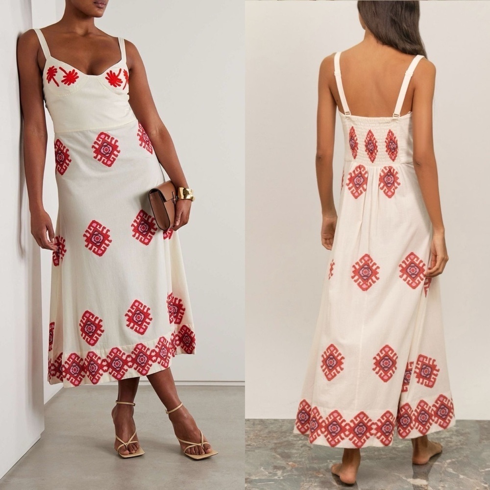 Johanna Ortiz God Enkai Embroidered Cotton Midi Dress Ecru Red 8 EUC